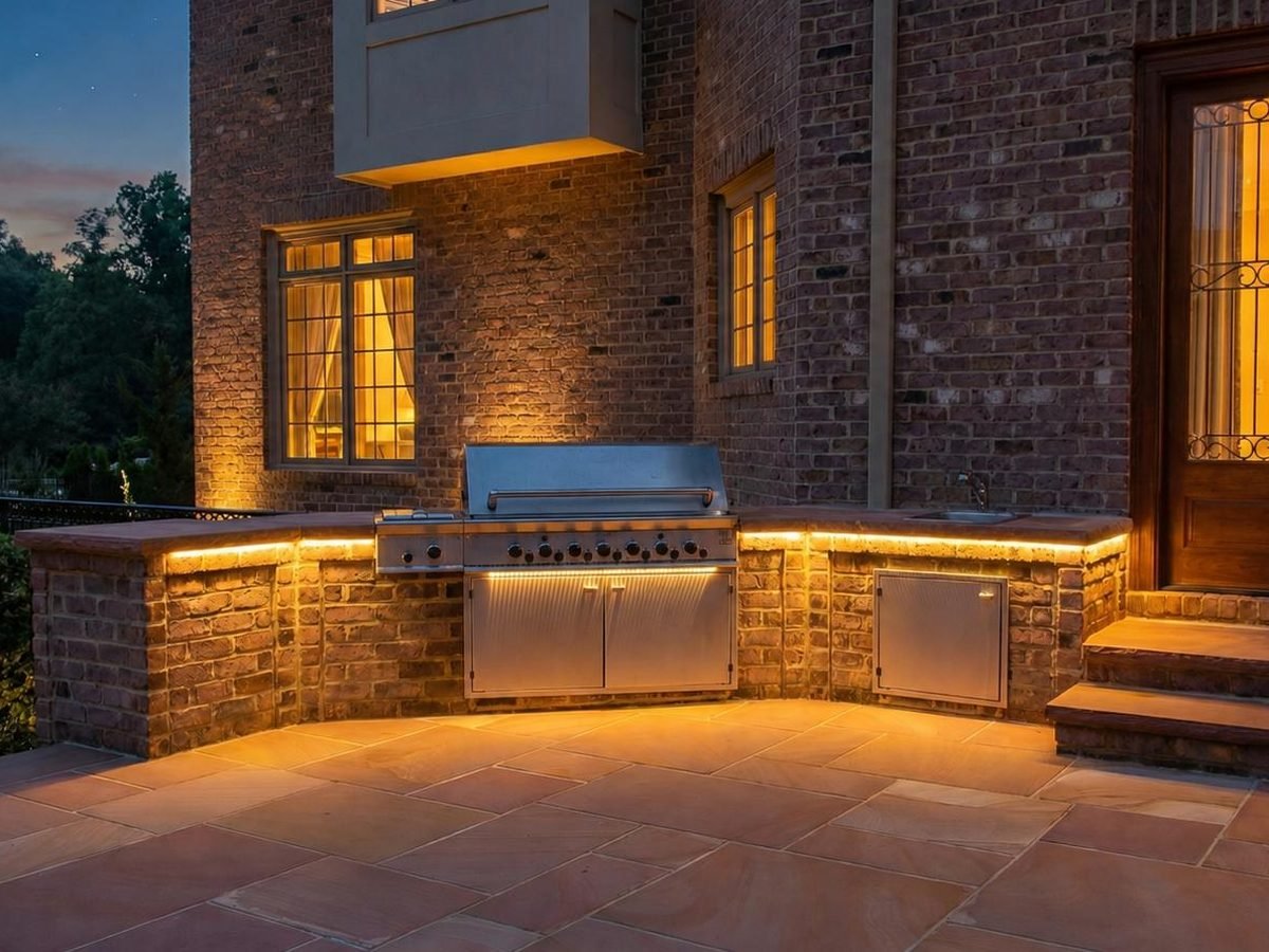 Built-in outdoor kitchen lit by accent lighting against a brick elevation at dusk