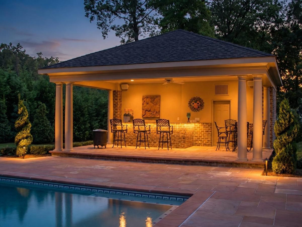 Covered pool bar and stone walkway lit at dusk