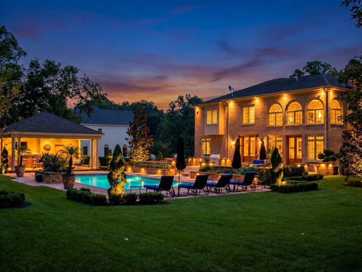 Pool house with bar and outdoor lounge beside the pool, estate elevation behind, at sunset