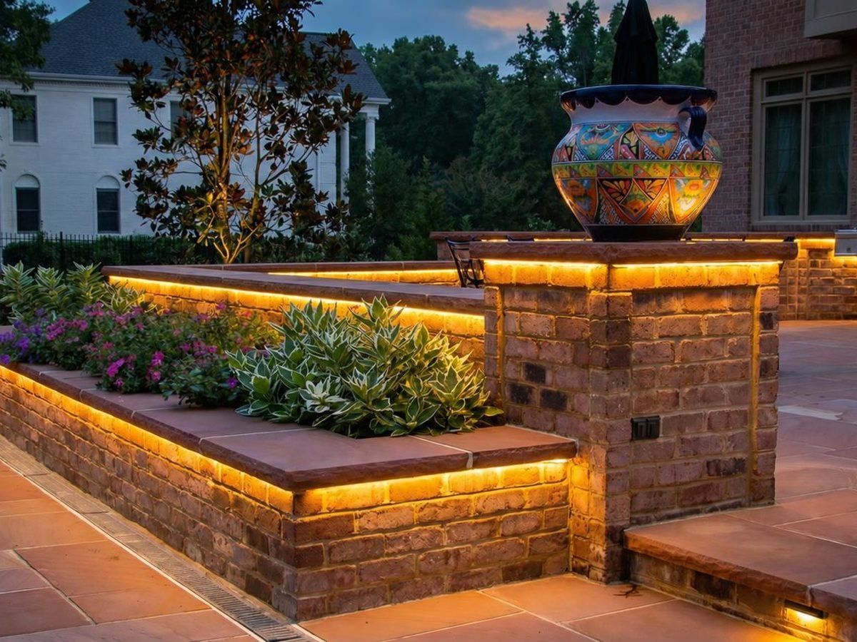 Tiered retaining wall with lighted steps leading to a garden walk at dusk